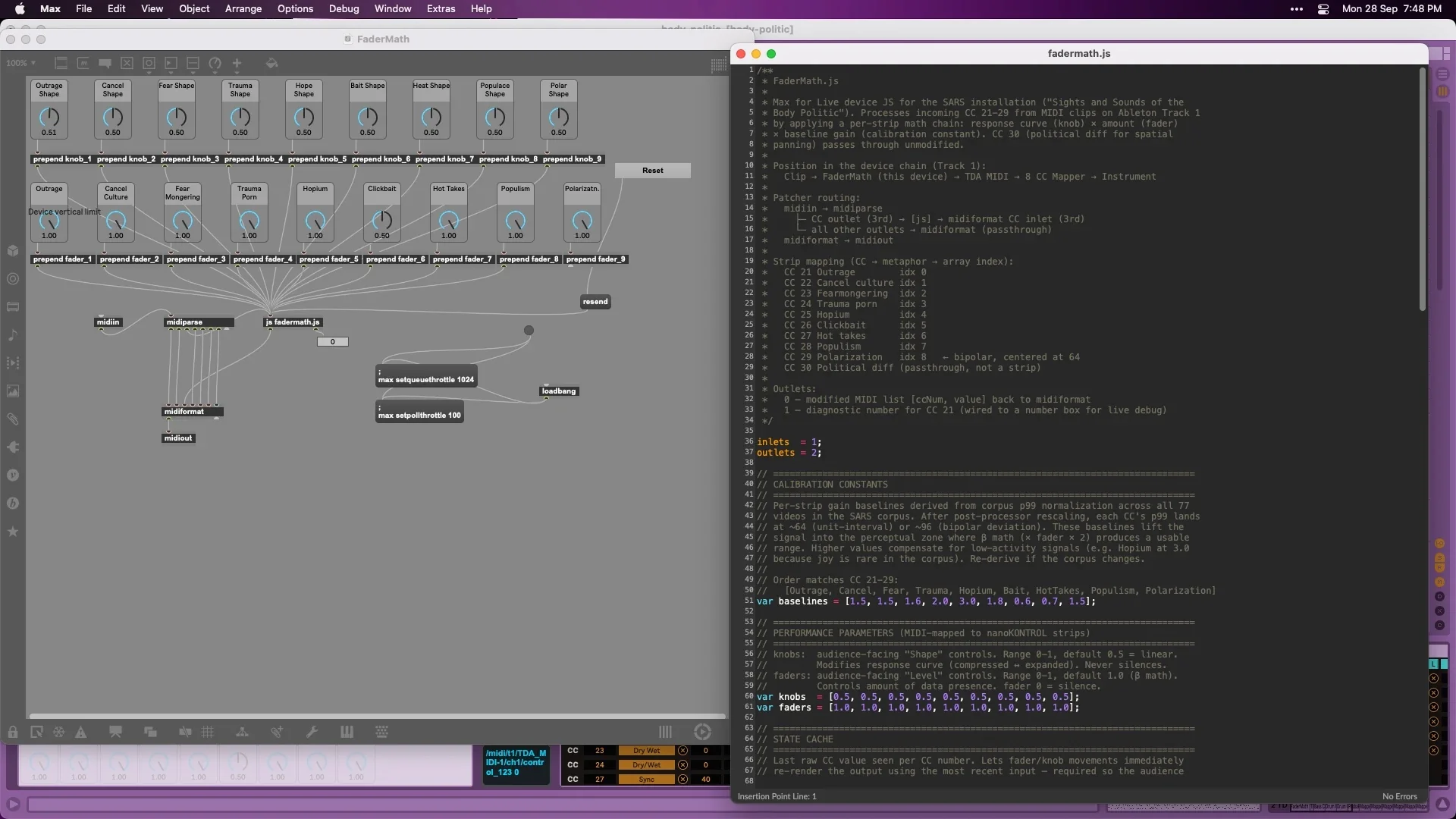 FaderMath in Max: nine shape knobs, nine level faders, and the script that applies them to CC 21 to 29