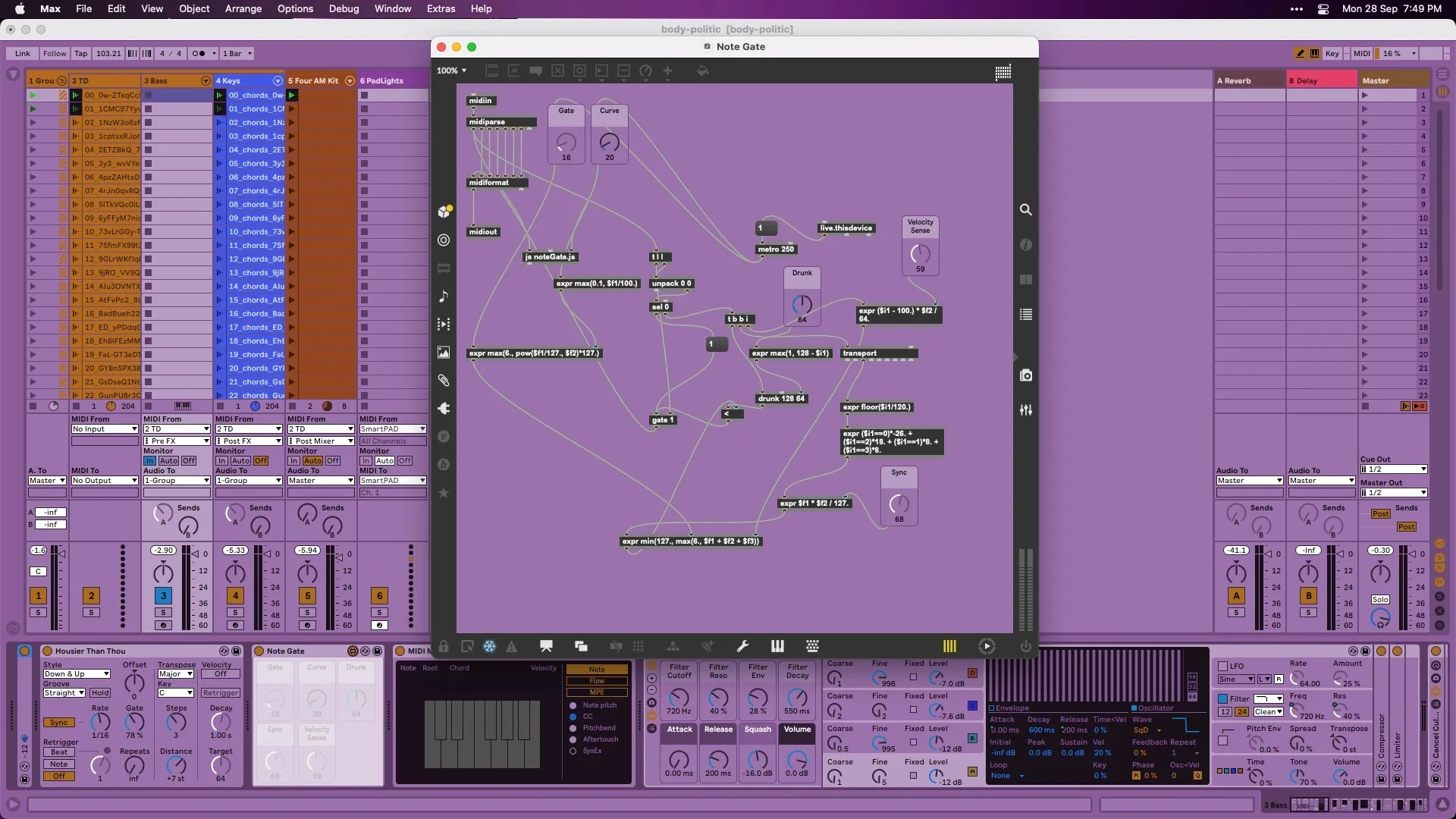 The Note Gate device open in Max over the Ableton set