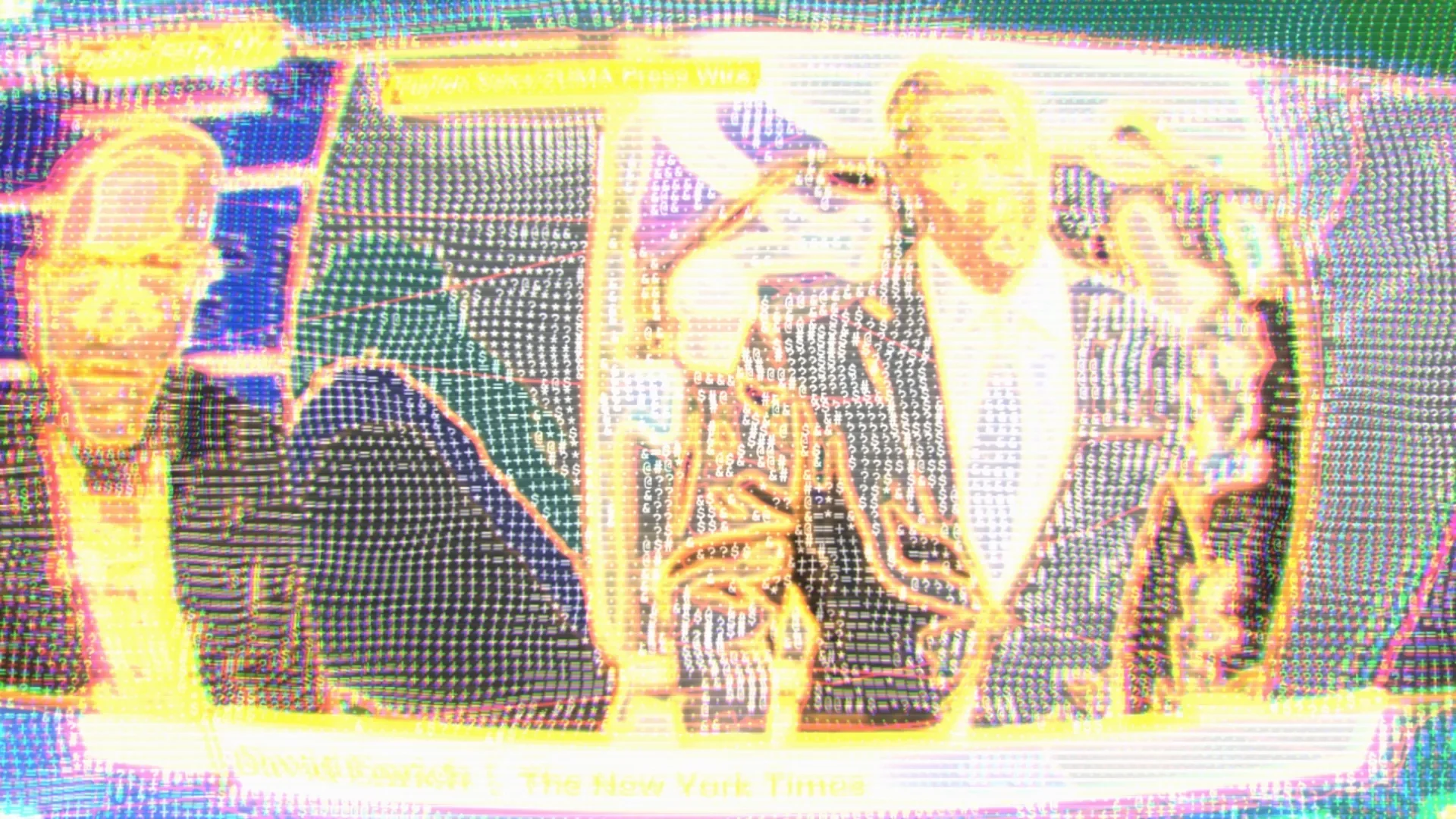 A two-shot washed to yellow and white, the chyron bleached out, characters in the shadows