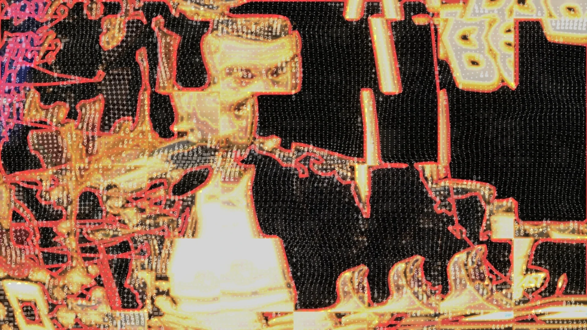 A frame burned to orange and gold, every edge outlined in red, characters filling the dark