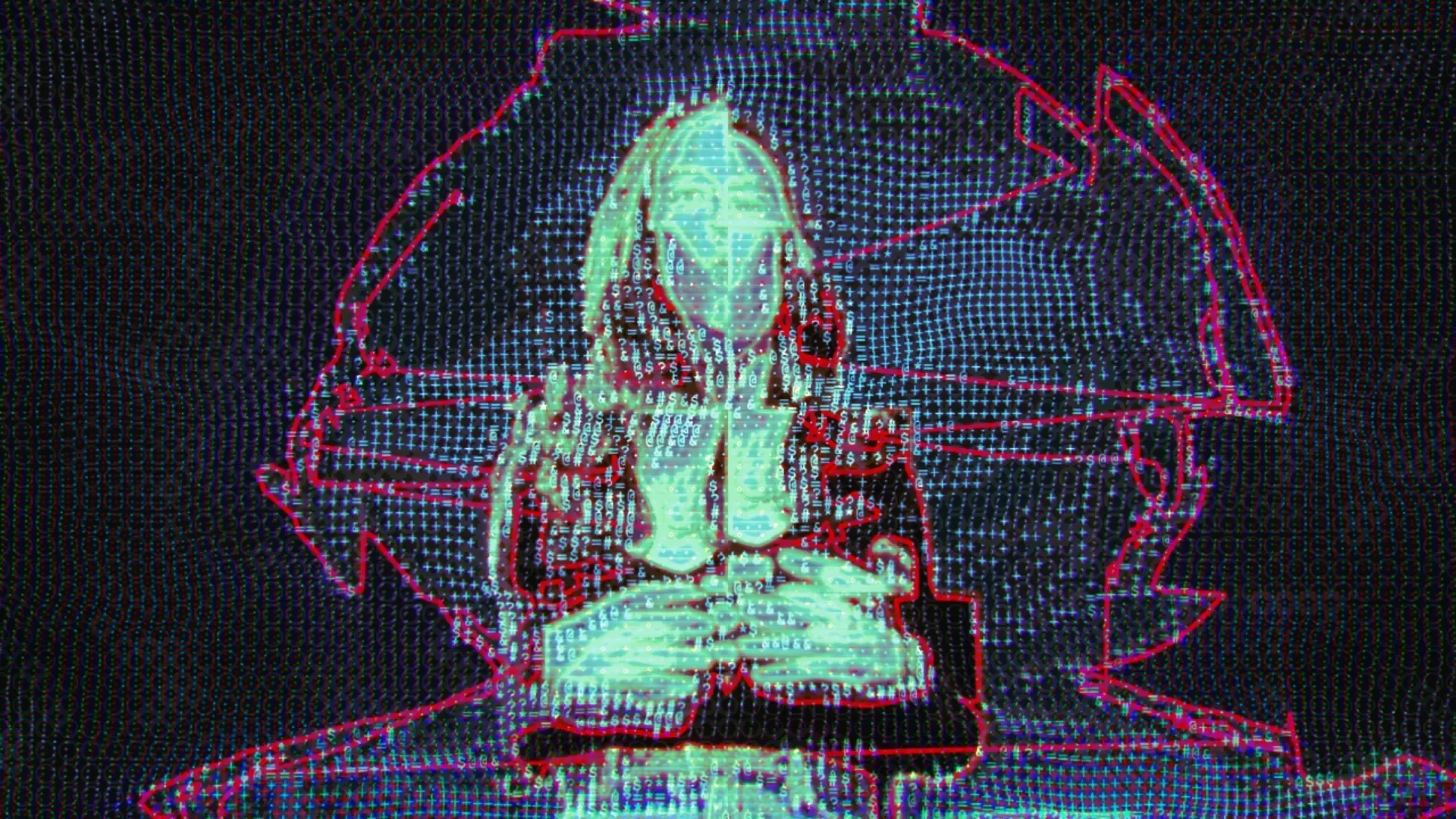 A speaker drawn in green characters inside a wide red outline, on a dark rippling grid