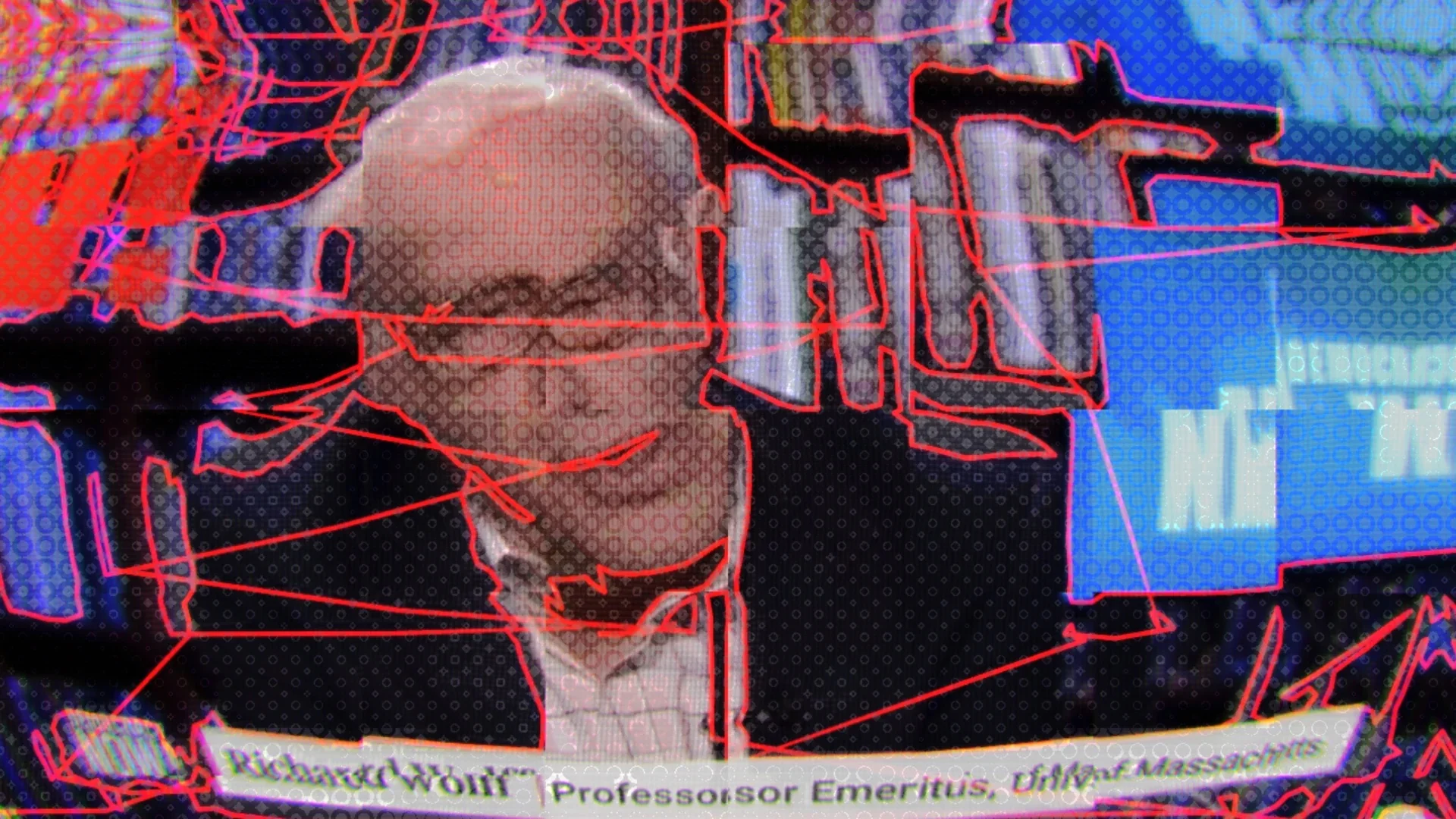 An interview frame under a halftone of rings, red lines tracing and crossing the speaker
