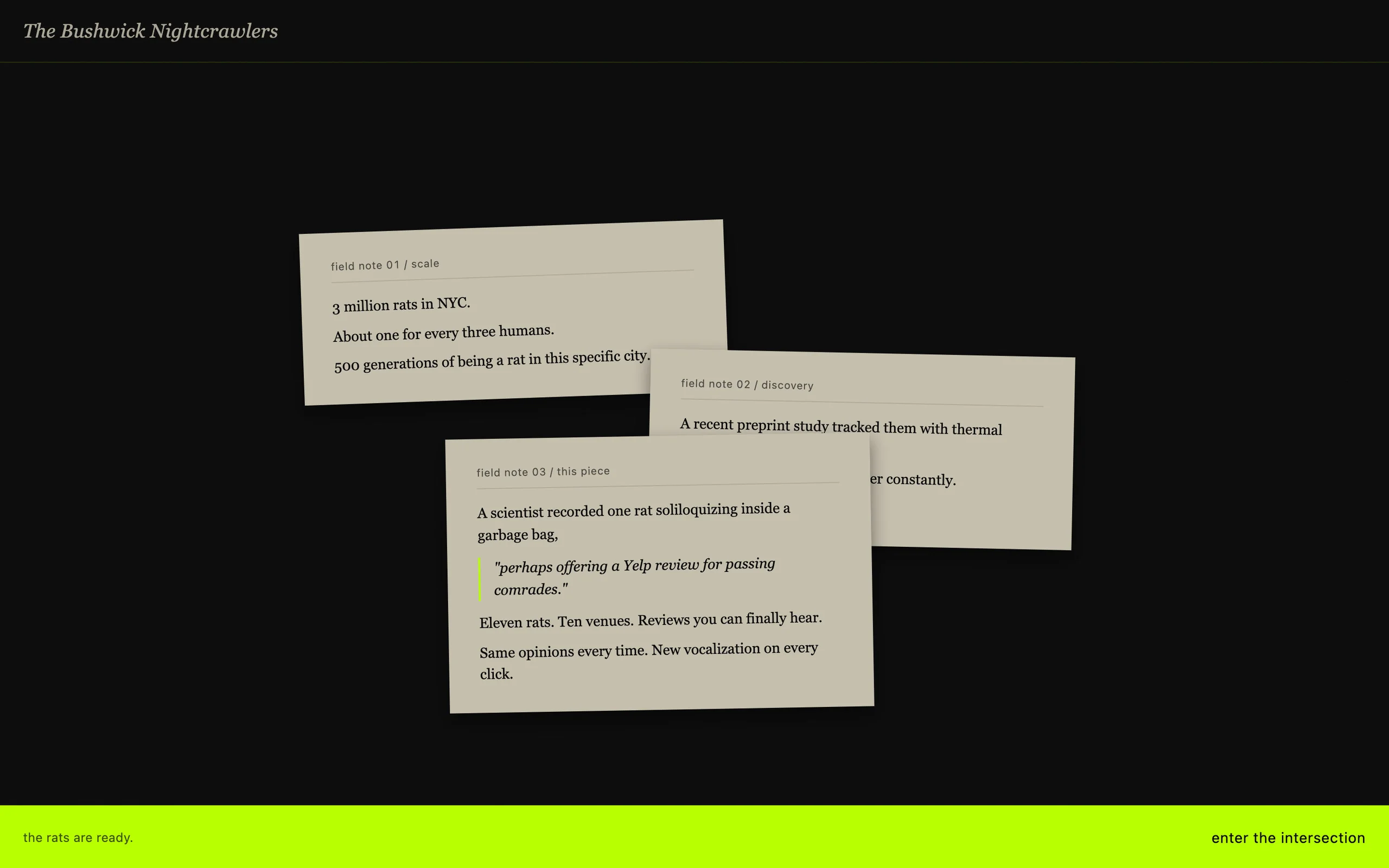 The opening field notes, three cards on the rats of New York