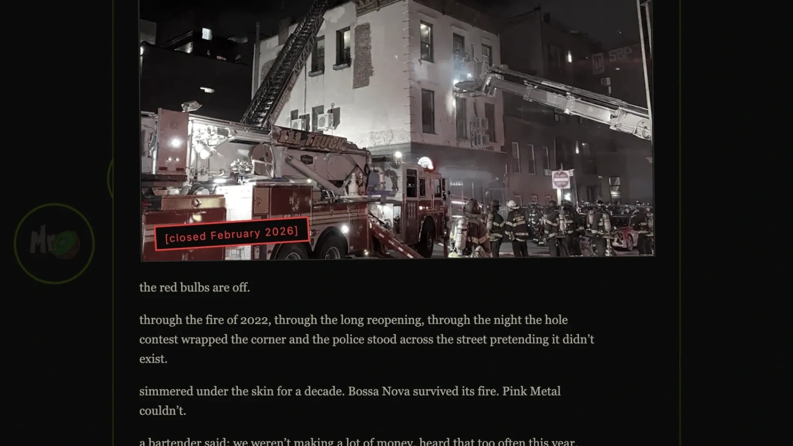 Rash's pin: a tombstone marked closed February 2026 over a photo of the 2022 fire, a short eulogy and a pay respects button