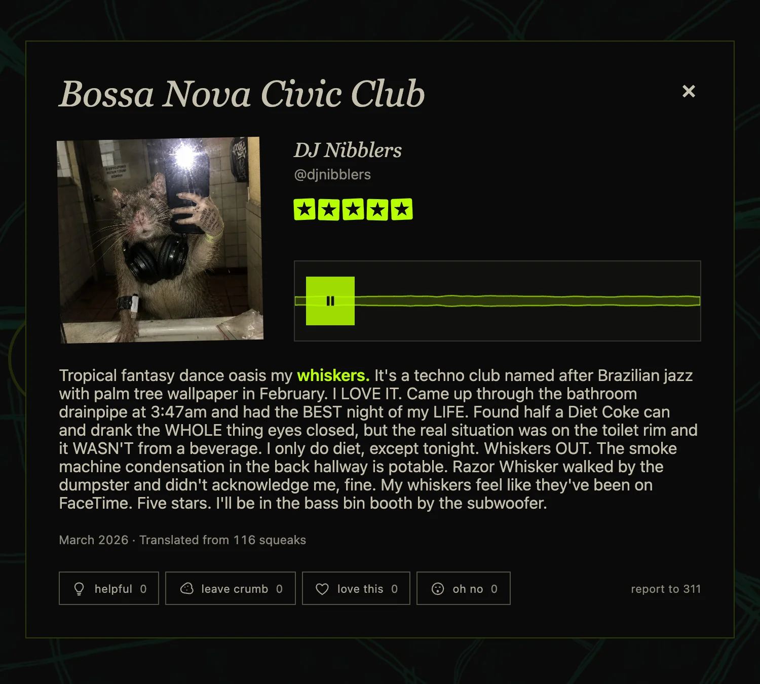 DJ Nibblers reviews Bossa Nova Civic Club