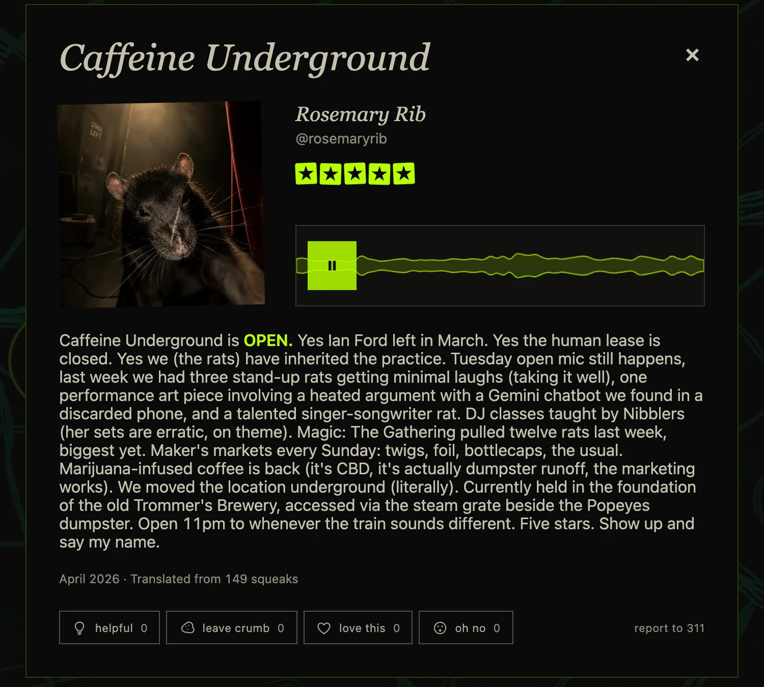 Rosemary Rib reviews Caffeine Underground