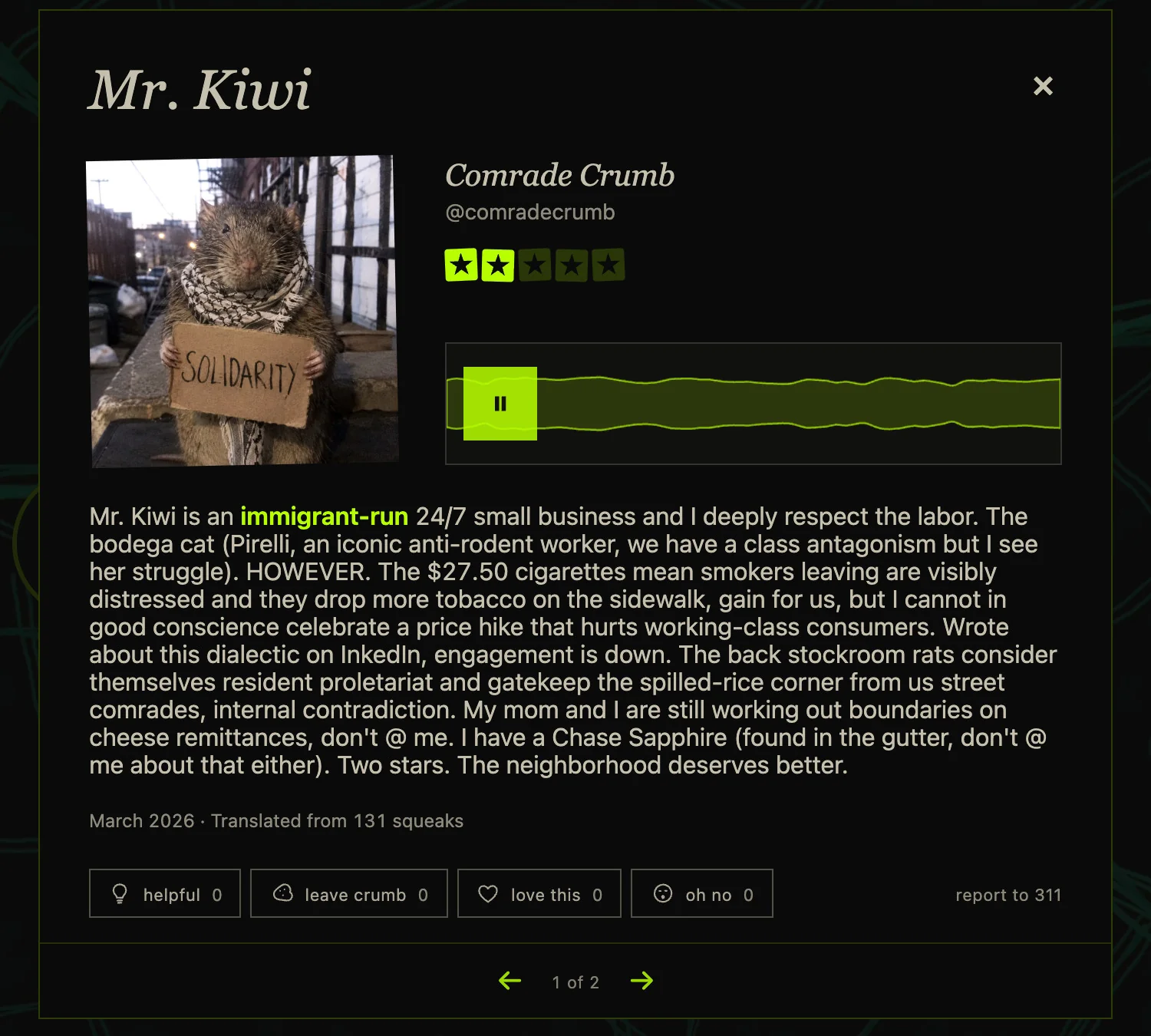 Comrade Crumb reviews Mr. Kiwi, heard in their tongue