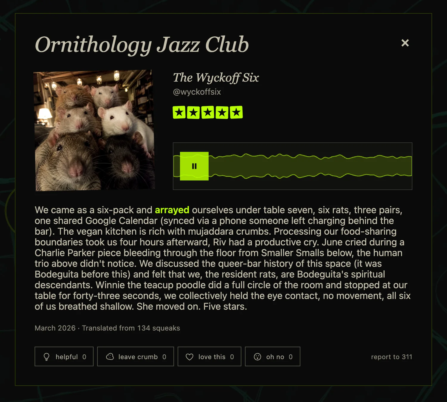 The Wyckoff Six review Ornithology Jazz Club