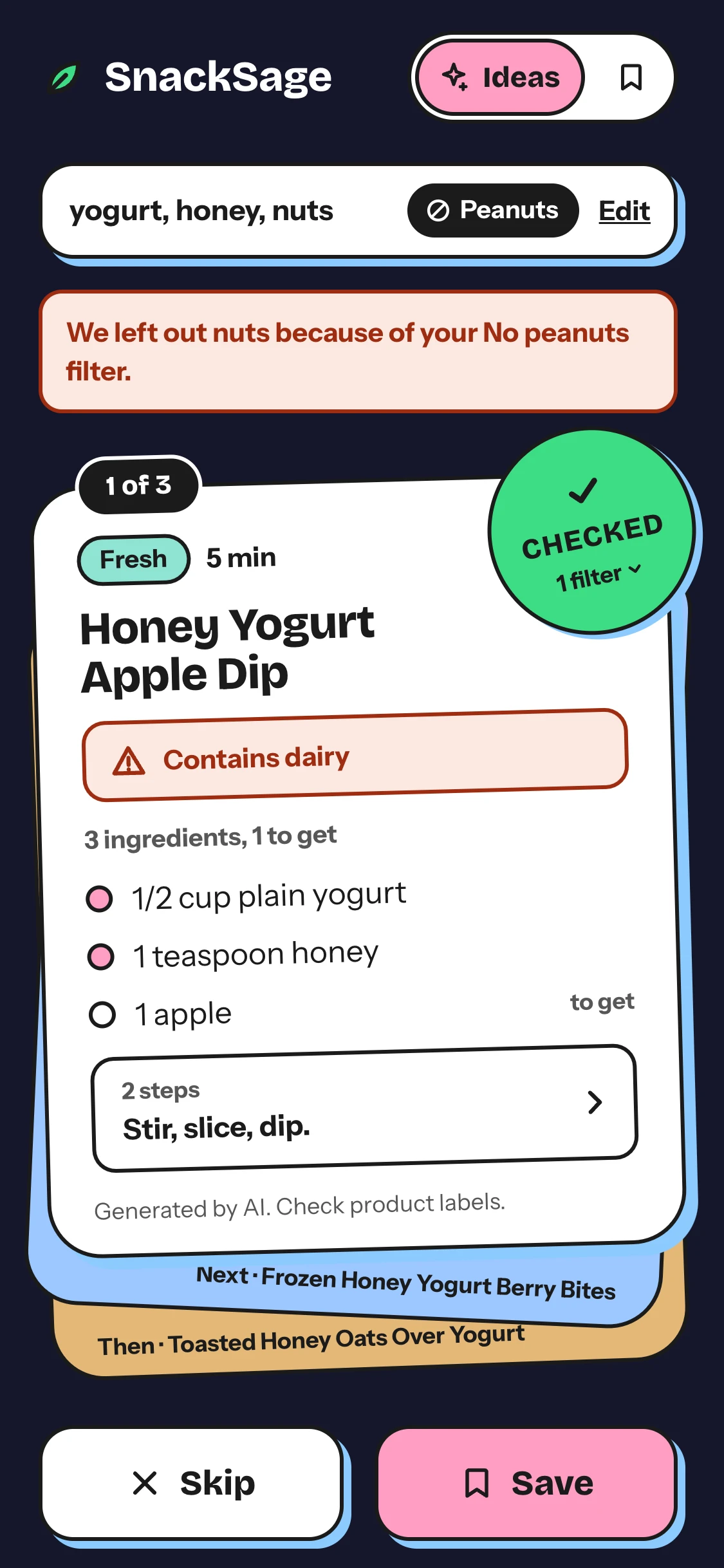 The deck in the Midnight snack theme: a navy ground, a pink Save button and sky-blue shadows