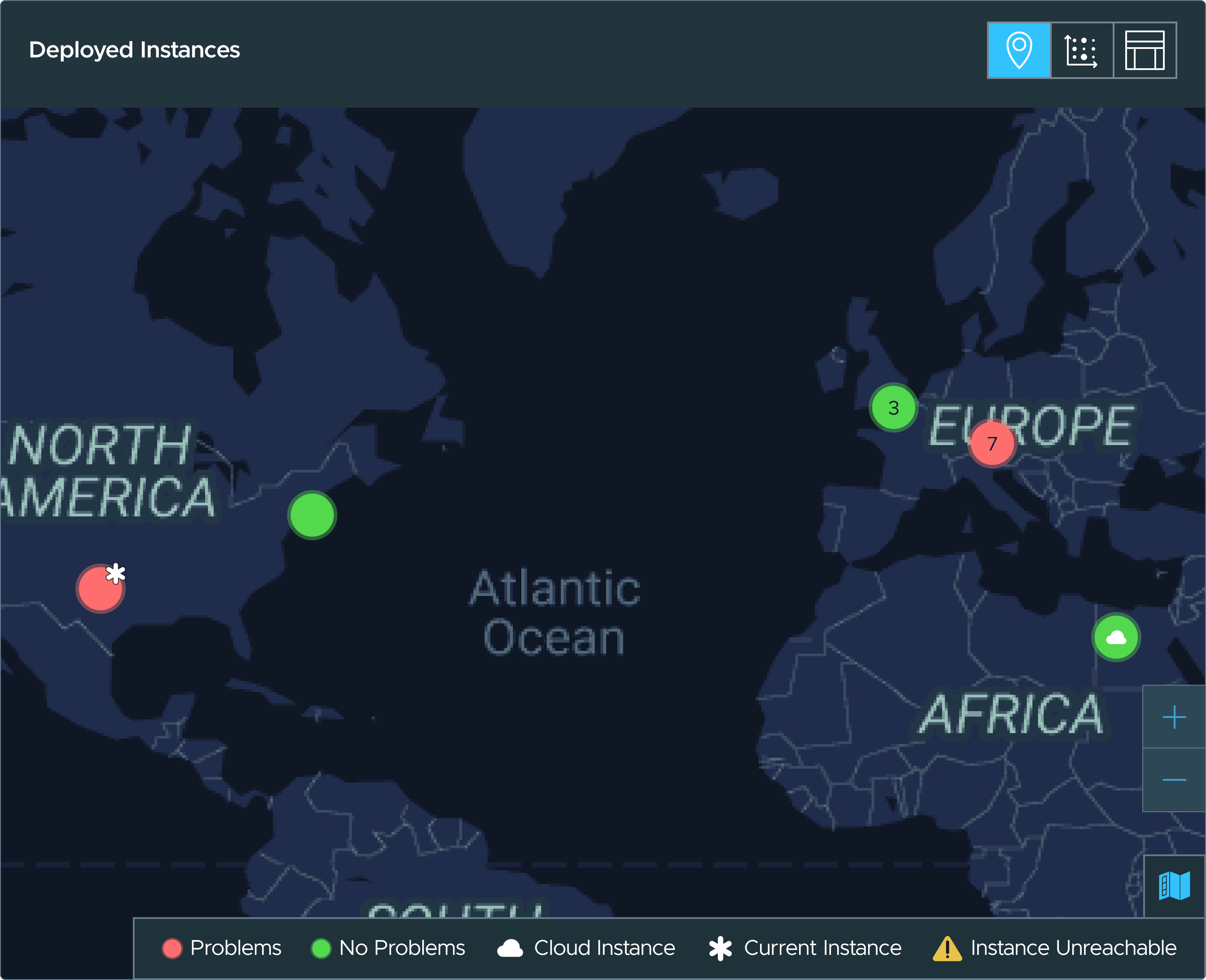 Deployed instances module, map view