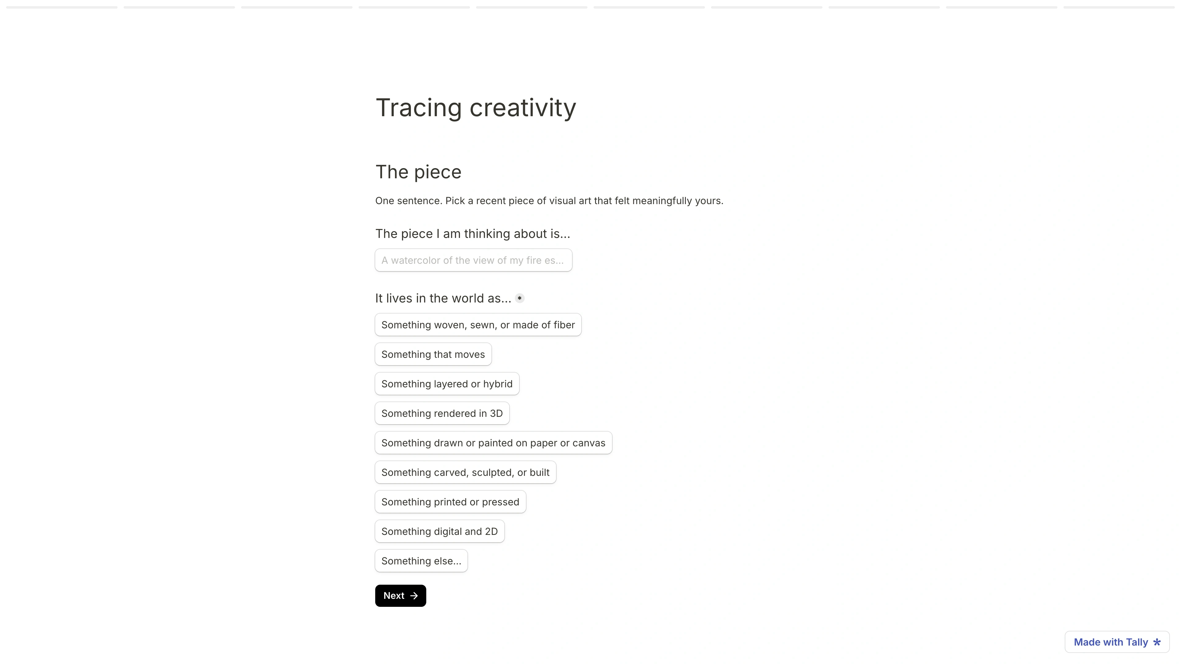 The questionnaire's first screen: the piece in one sentence, and what it lives as, from printed to something that moves