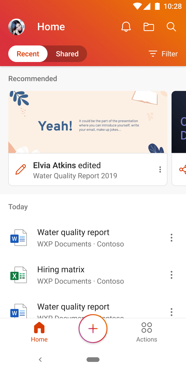 The home with a toggle between recent and shared files, and a recommended section above the list