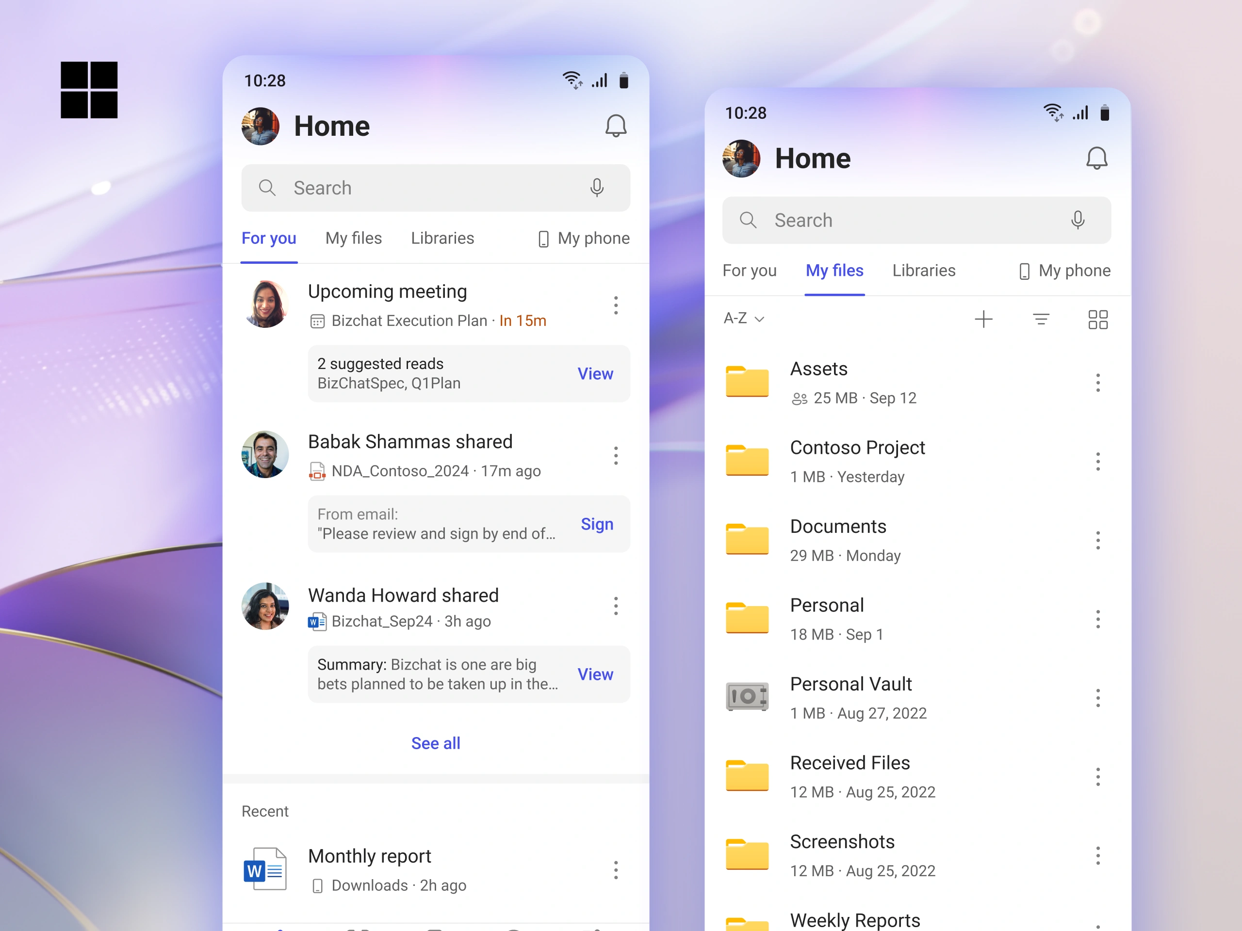 The redesigned M365 Mobile home page on two phones