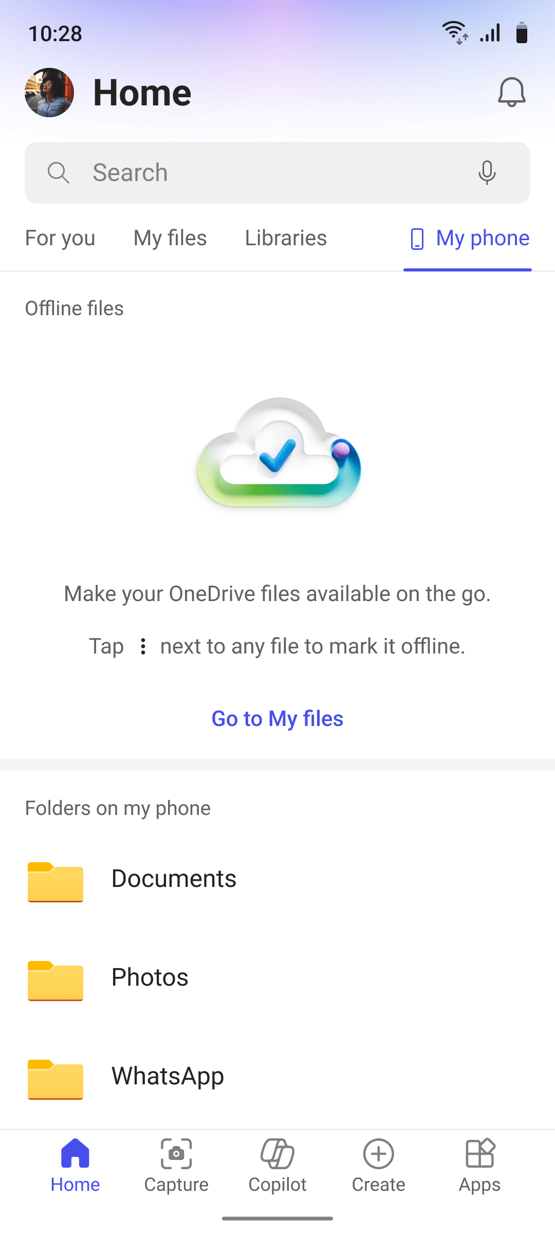 Empty state for offline files, with a prompt explaining why to save one