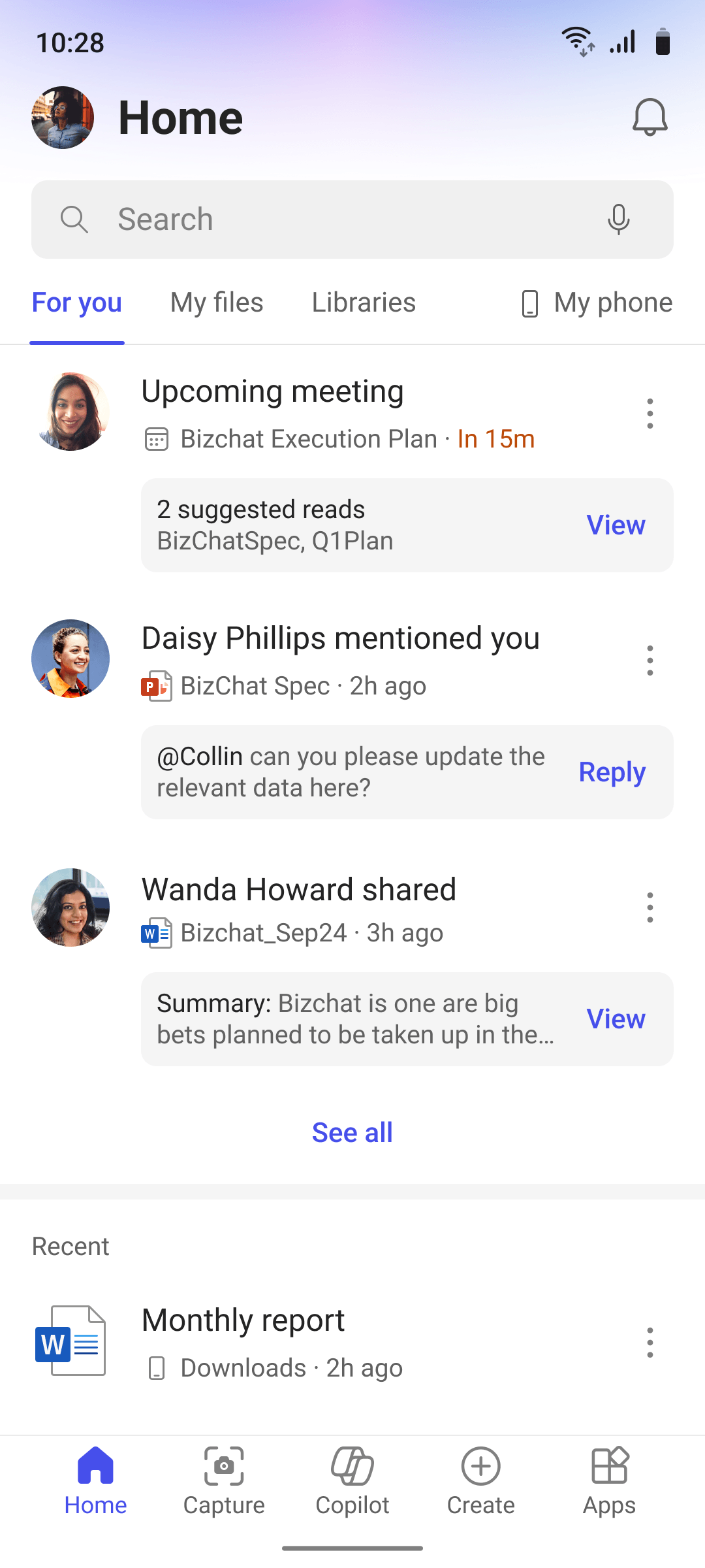 For You tab, Stay on top section at the top of the feed