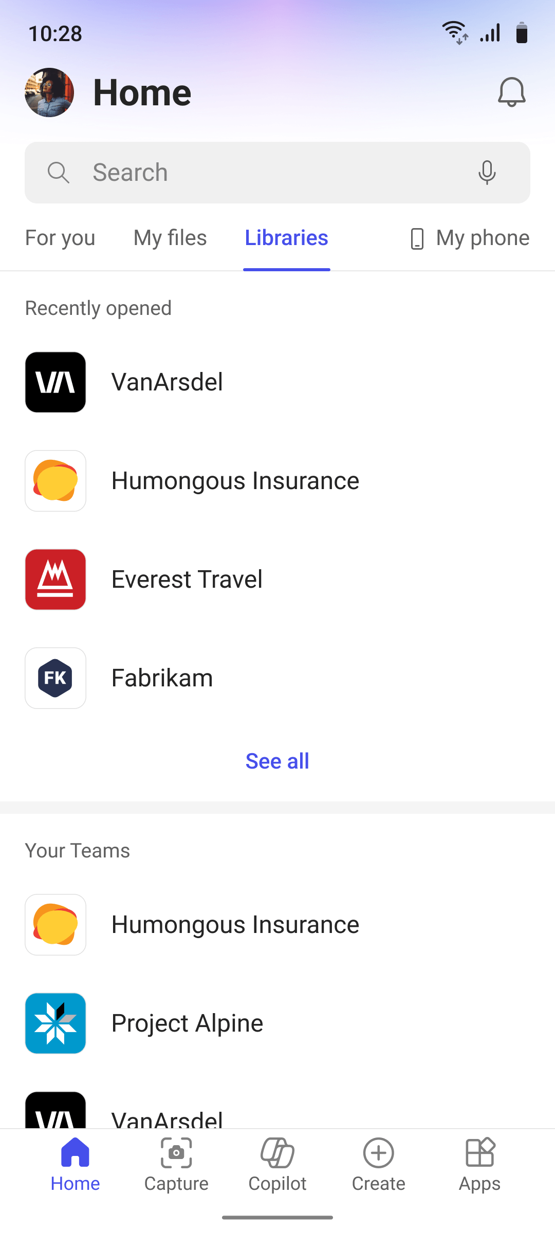 Libraries tab, list of SharePoint libraries