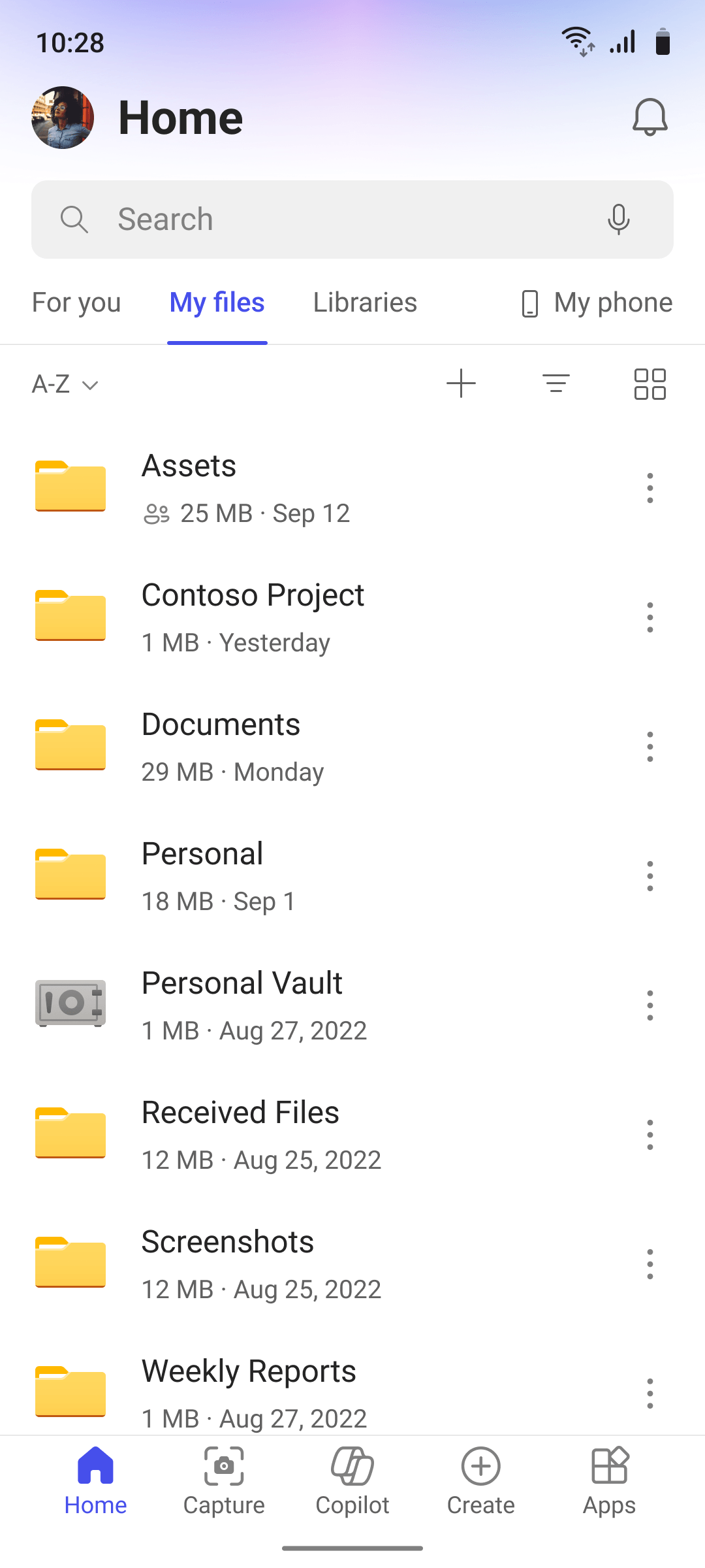 My Files tab, OneDrive root directory