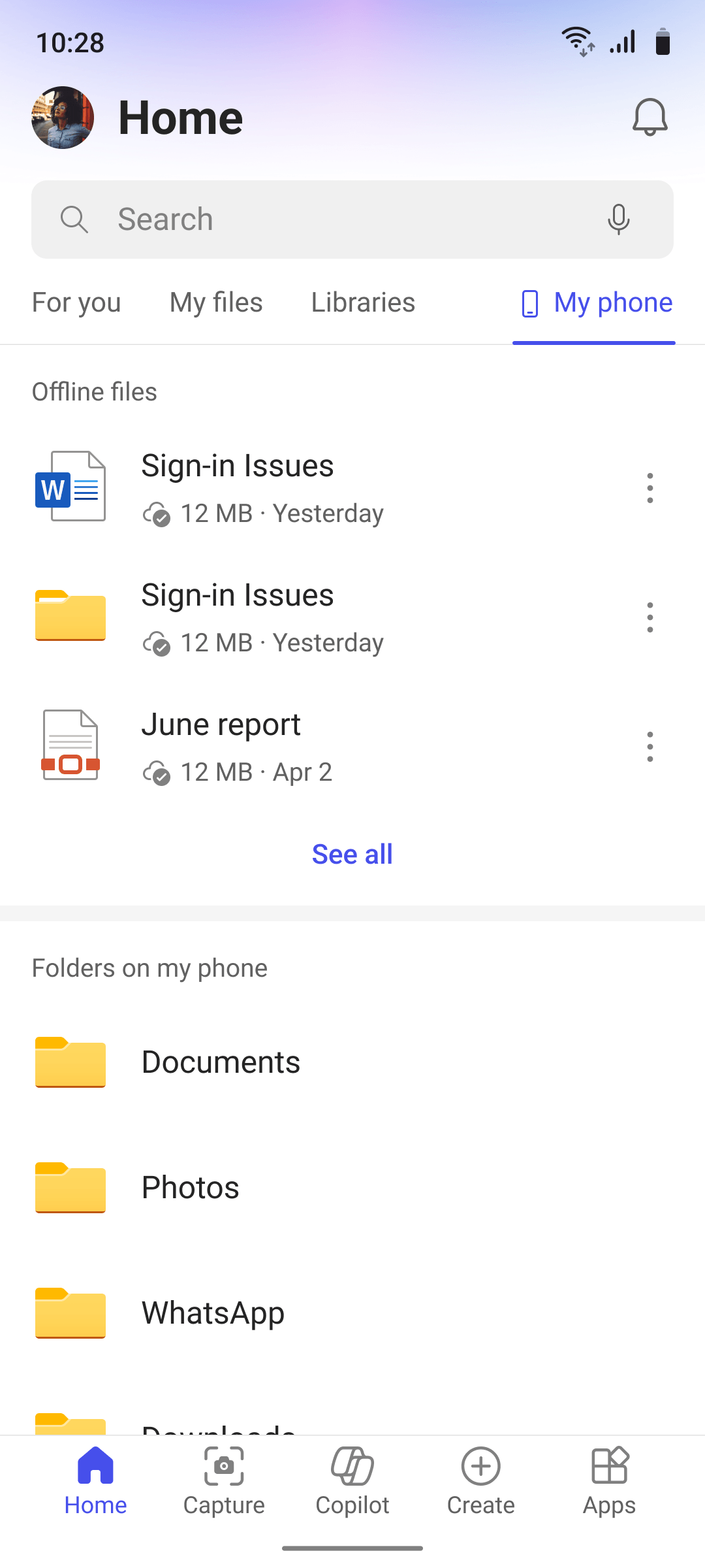 My Phone tab, offline files