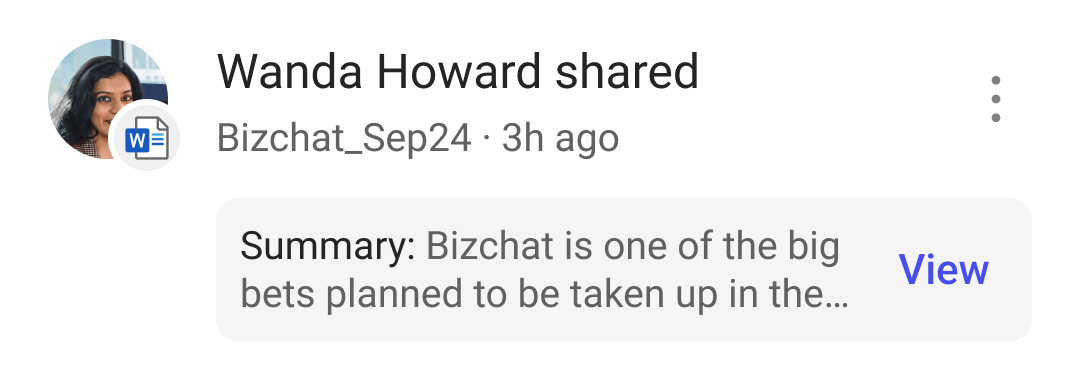 The file as a Stay on top card: who shared it, when, and a summary of why it's here