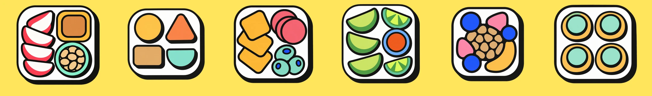 Six toy-dish illustrations from the third round, each a white board of three to five flat, outlined pieces