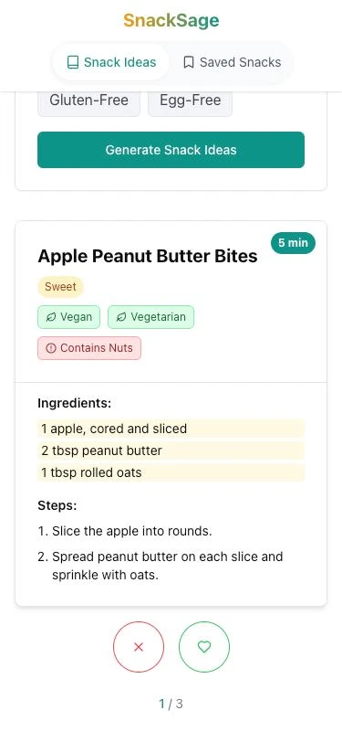 The same pantry of apple, peanut butter and oats in both versions. April 2025, with Vegan and Nut-Free on: Apple Peanut Butter Bites, tagged Vegan, Vegetarian and Contains Nuts. October 2026, with the No peanuts filter on: a notice that peanut butter was left out, and an Apple Cinnamon Oat Porridge card stamped CHECKED., april 2025