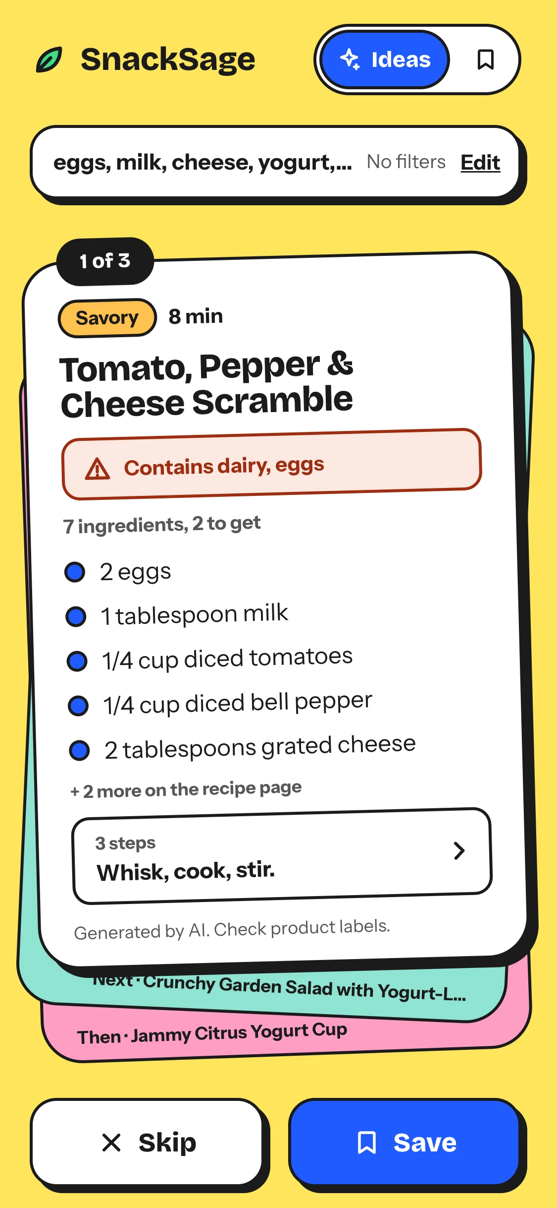 Three phone screens in order: a fridge photo being scanned, with Used once for this scan, never stored; the 17 ingredients found, with 7 more marked as not sure; and the deck of recipes that follows. (3 of 3)