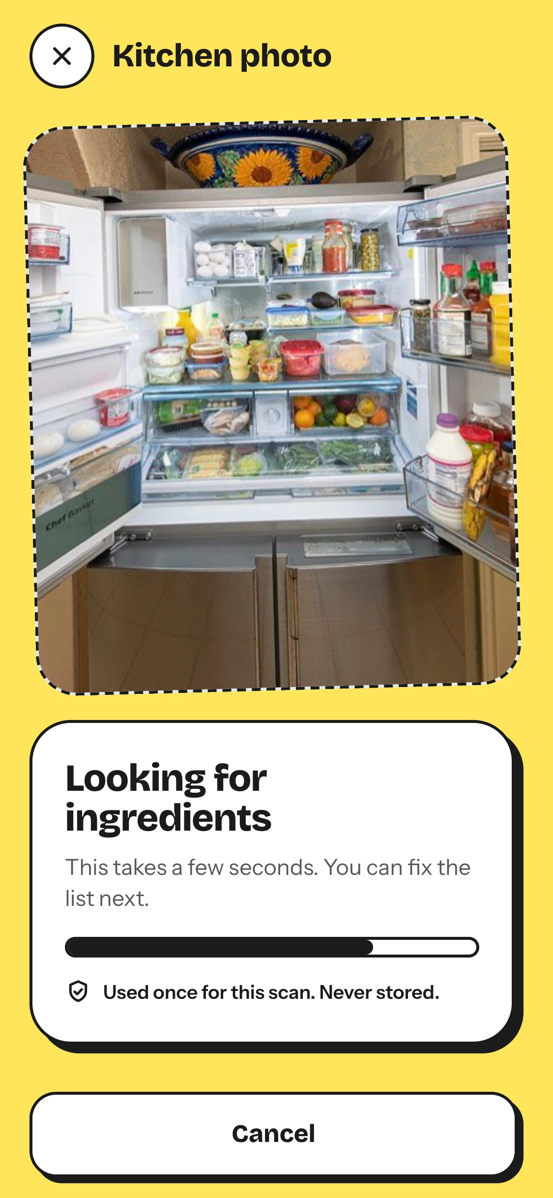 Three phone screens in order: a fridge photo being scanned, with Used once for this scan, never stored; the 17 ingredients found, with 7 more marked as not sure; and the deck of recipes that follows. (1 of 3)