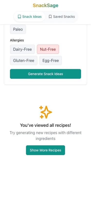Three screens of the April 2025 prototype: the ingredient form with apple, peanut butter and oats added and Vegan and Nut-Free selected; the end of the deck; and the Saved Recipes page (2 of 3)