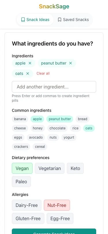 Three screens of the April 2025 prototype: the ingredient form with apple, peanut butter and oats added and Vegan and Nut-Free selected; the end of the deck; and the Saved Recipes page (1 of 3)