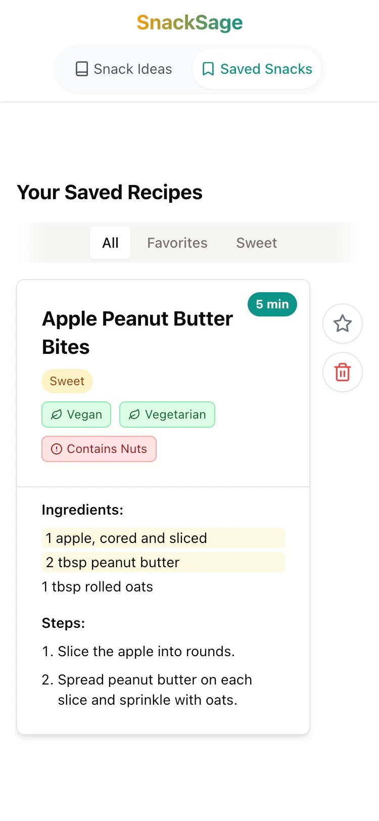 Three screens of the April 2025 prototype: the ingredient form with apple, peanut butter and oats added and Vegan and Nut-Free selected; the end of the deck; and the Saved Recipes page (3 of 3)