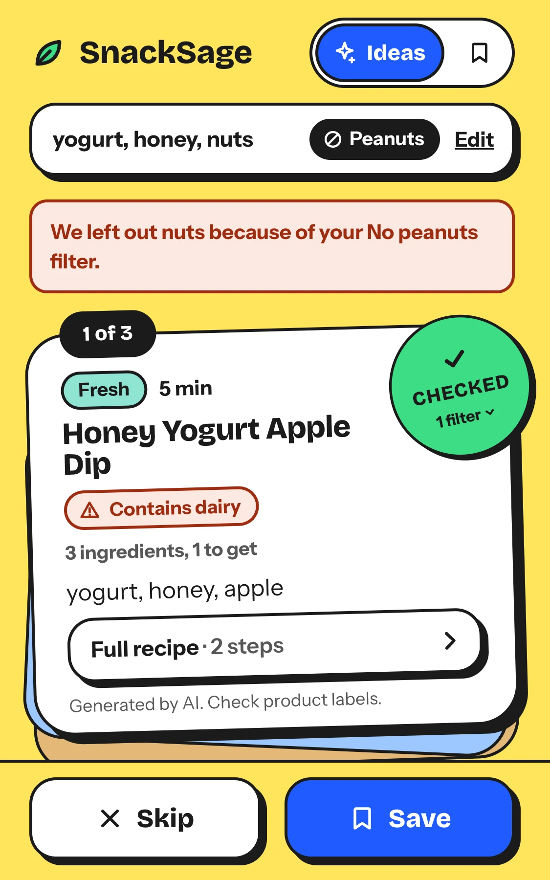 The same card, Honey Yogurt Apple Dip, at two heights. At 844px each ingredient has its own row. At 600px they fold into one line under the allergen warning, and a Full recipe bar takes the steps. (2 of 2)