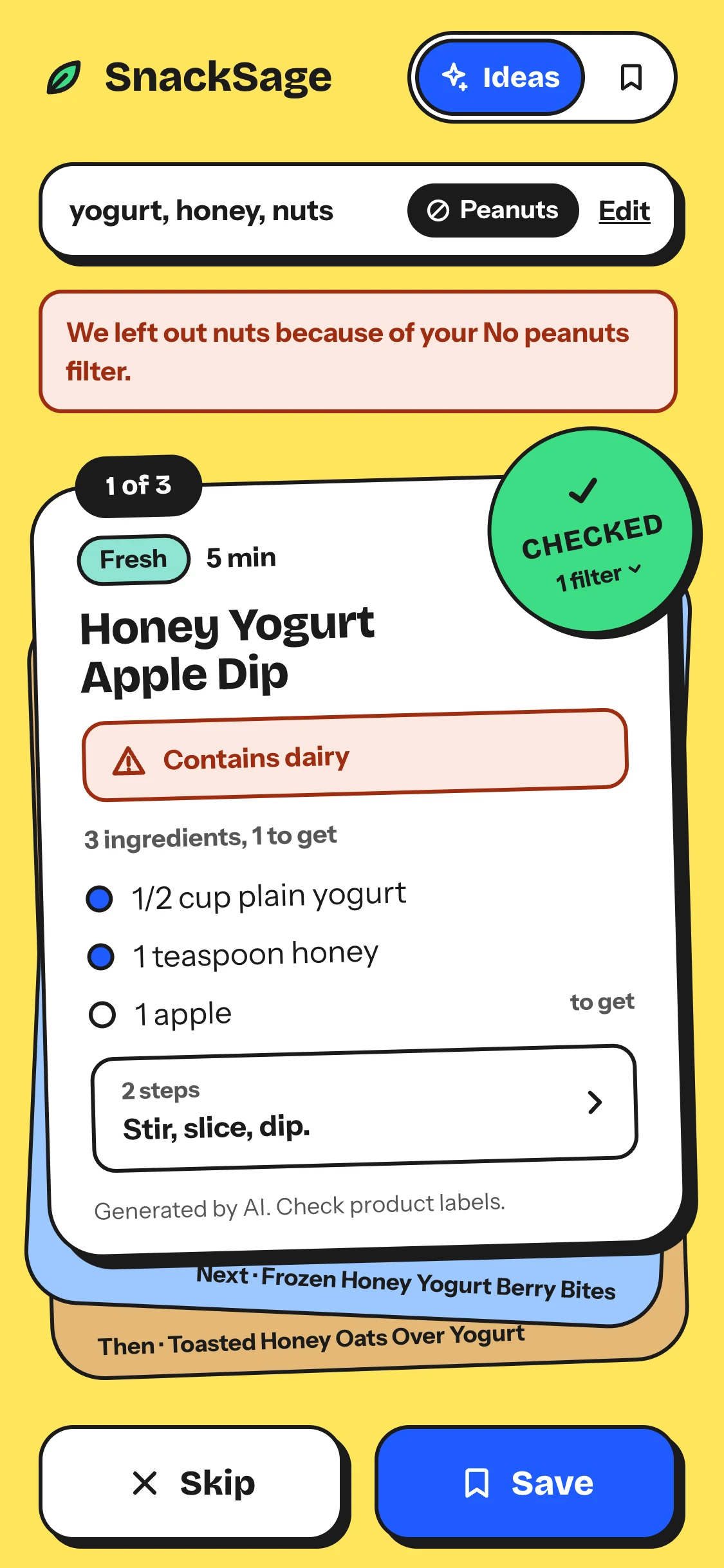 The same card, Honey Yogurt Apple Dip, at two heights. At 844px each ingredient has its own row. At 600px they fold into one line under the allergen warning, and a Full recipe bar takes the steps. (1 of 2)